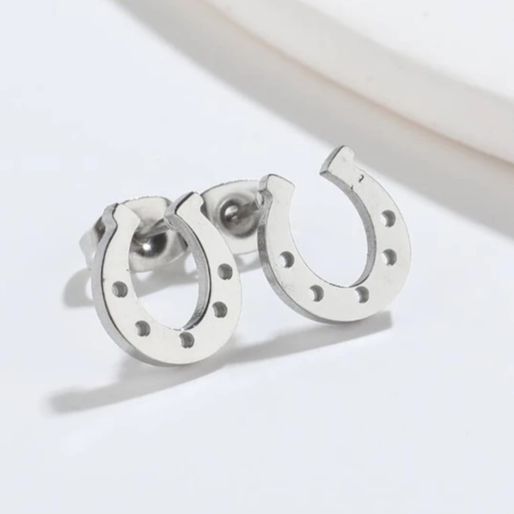 Silver Lucky Horseshoe Stud Earrings - NEW